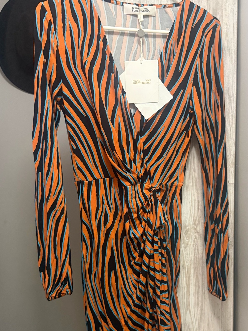 Diane Von Furstenberg Orange, Black & Teal Long-Sleeve Wrap Dress